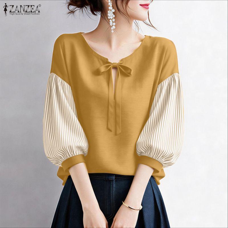 ZANZEA Women Casual Round Neck Stripe Splice Half Sleeve Loose Blouse