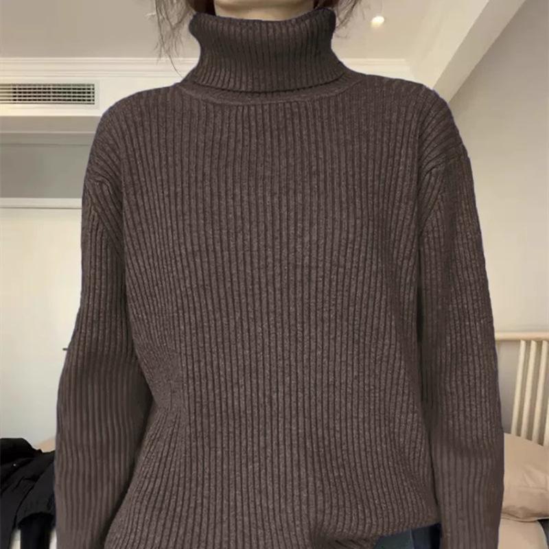 New High-neck Solid-color Sweater for Women in The Laid-back Style, Loose Long-sleeved Knitted Pullover Base Layer for Autumn and Winter