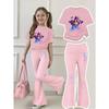 Girls Cartoon Print Short Sleeve T Shirt And Flare Pants 2 Piece Set