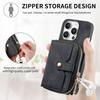 For iPhone 16 Pro Case Zipper Card Holder PU Leather Phone Back Cover with Long Strap