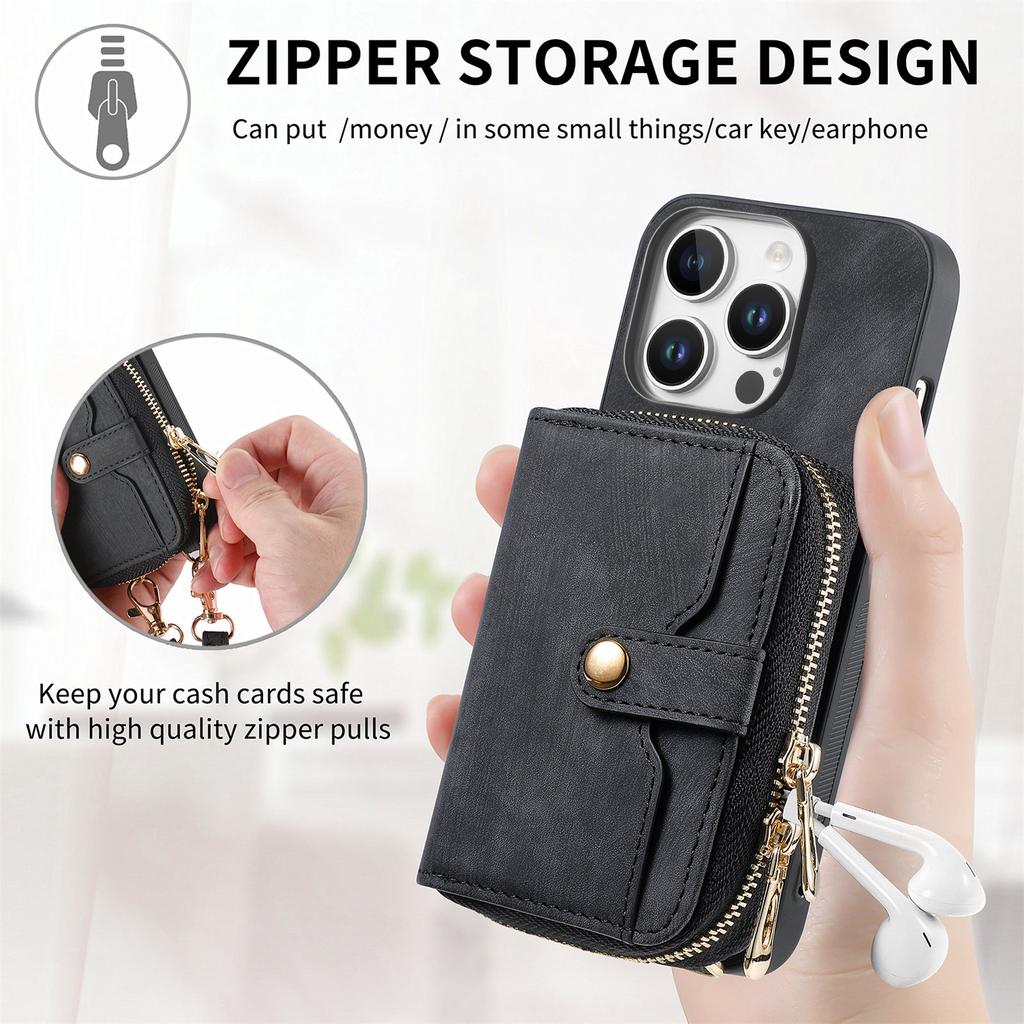 For iPhone 16 Pro Case Zipper Card Holder PU Leather Phone Back Cover with Long Strap