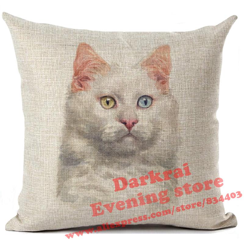 Cushion Cover Watercolor Cute Cat Printed Linen Pillow Cover Car Sofa Decorative Throw Pillows Home Decoration Pillowcase