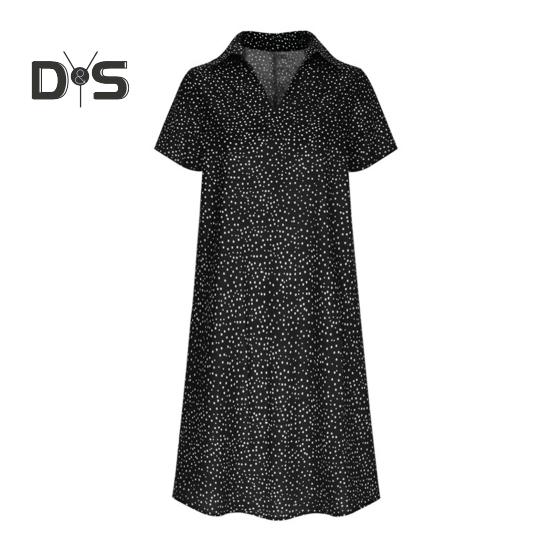 Summer Dress Dot Printing Short Sleeves Loose A-line Shirt Dress V Neck Knee Length Midi Dress for Dating Travel Vacation