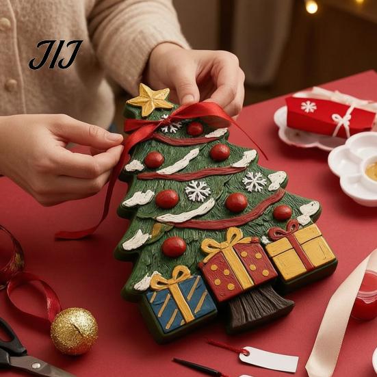 Holiday Party Decorative Crafts Christmas Tree Mold Craft Kit, DIY Casting Painting Kit with Paints Palette And Decoration Tools Brush, Paint Your Own