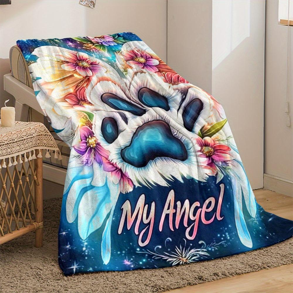 My Angel Dog Paw Wings Floral Blanket Fleece Soft Throw Pet Lover Gift Home Decor Cozy Warm Blanket for Bed Sofa Living Room