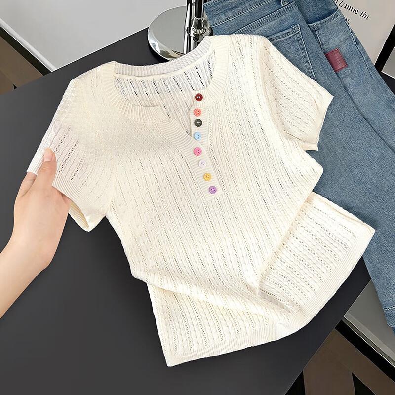 

Women s Slim-Fit Short Sleeve Knit Top with Colorful Buttons One Size