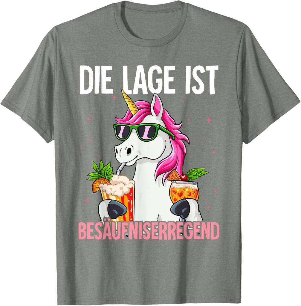 Lustiges T-Shirt Die Lage Ist Besäufniserregend Baumwolle Lässig Neuankömmling Atmungsaktiv für Herren Damen Party Pferdemuster Gedrucktes T-Shirt