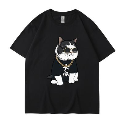 Summer Round Neck Cartoon Cute Big Boss Cat Printed Top Fashionable Casual Pure Cotton Short Sleeved Men's and Women's Unisex T-shirts
