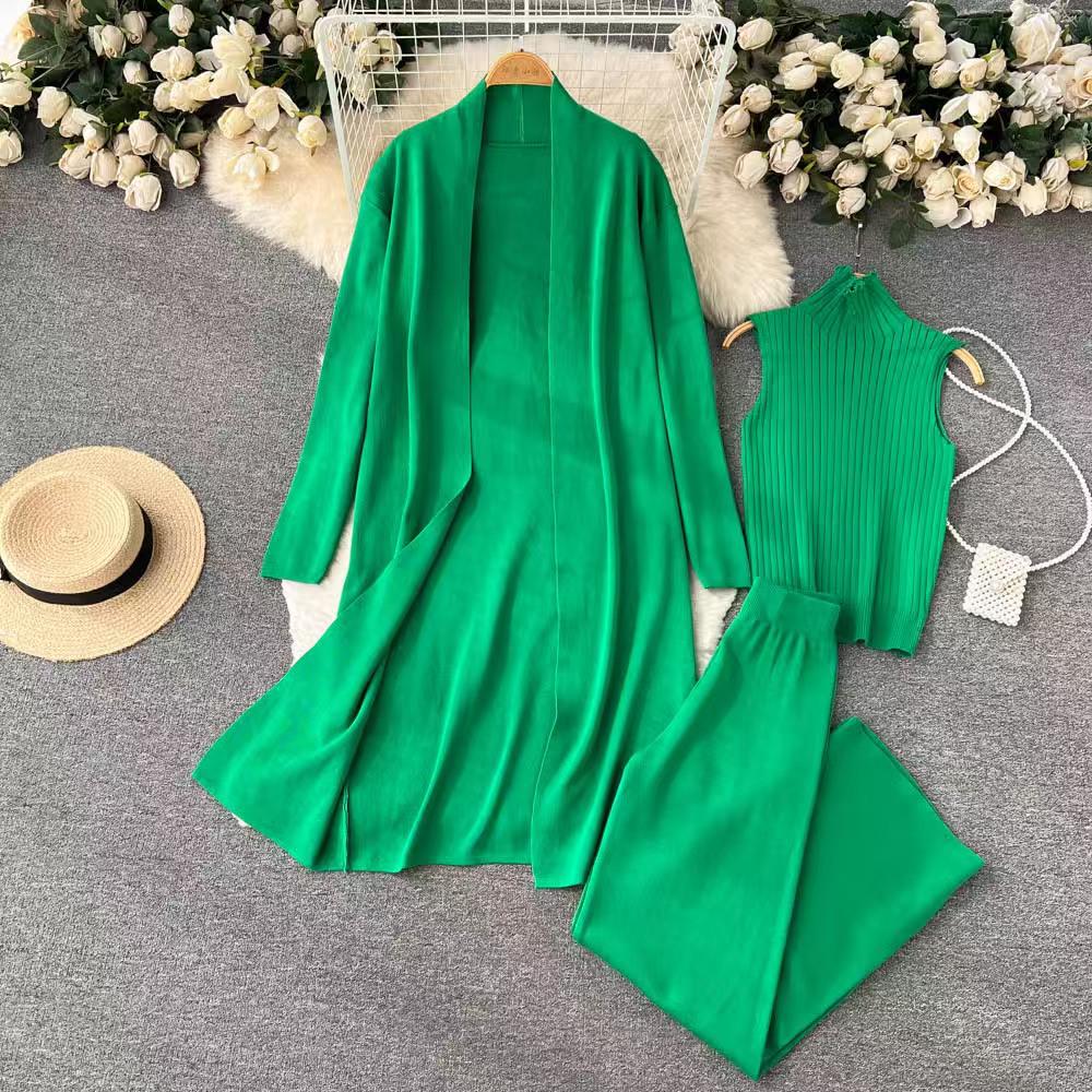 New Spring & Autumn Knitted Three-Piece Set: Sleeveless Vest, Cardigan, and Pants