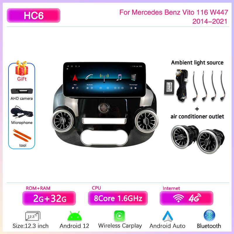 12.3" Android 12 Car Multimedia Video Player For Mercedes Benz Vito 116 W447 2014-2025 GPS Navigation8core CarPlay 4G 360Camera