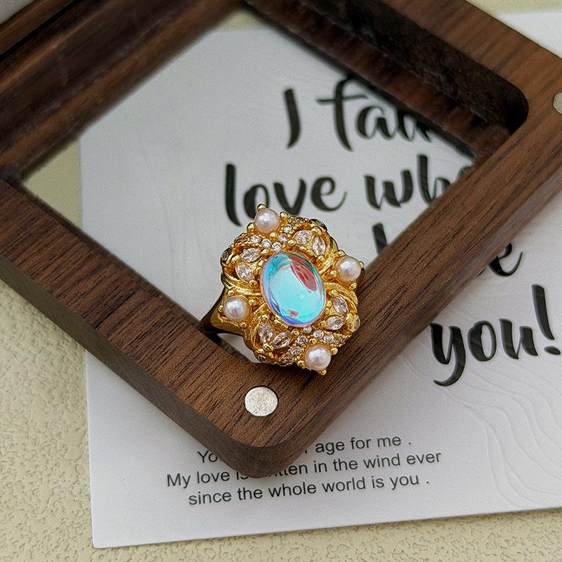 Light Luxury Blue Moonstone Retro Court Style Diamond-Encrusted Zircon Bead Open Ring Niche High-End Elegant Ring