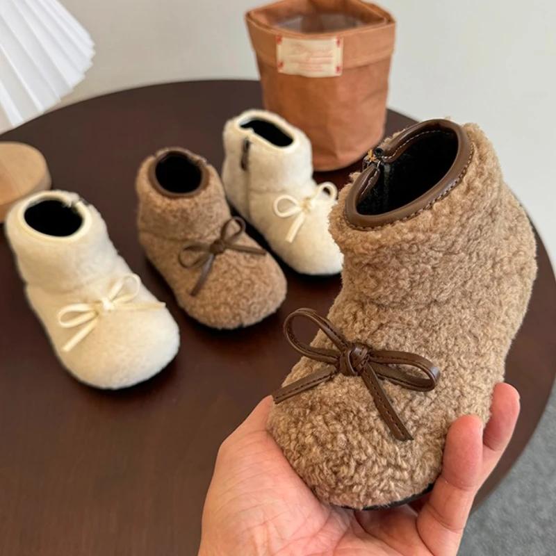 2024 Winter Neue Kinder Ballerinas Fellüberzug Zehenbereich Leicht Warm Kinder Mode Schleife Freizeit Mary Jane Schuhe