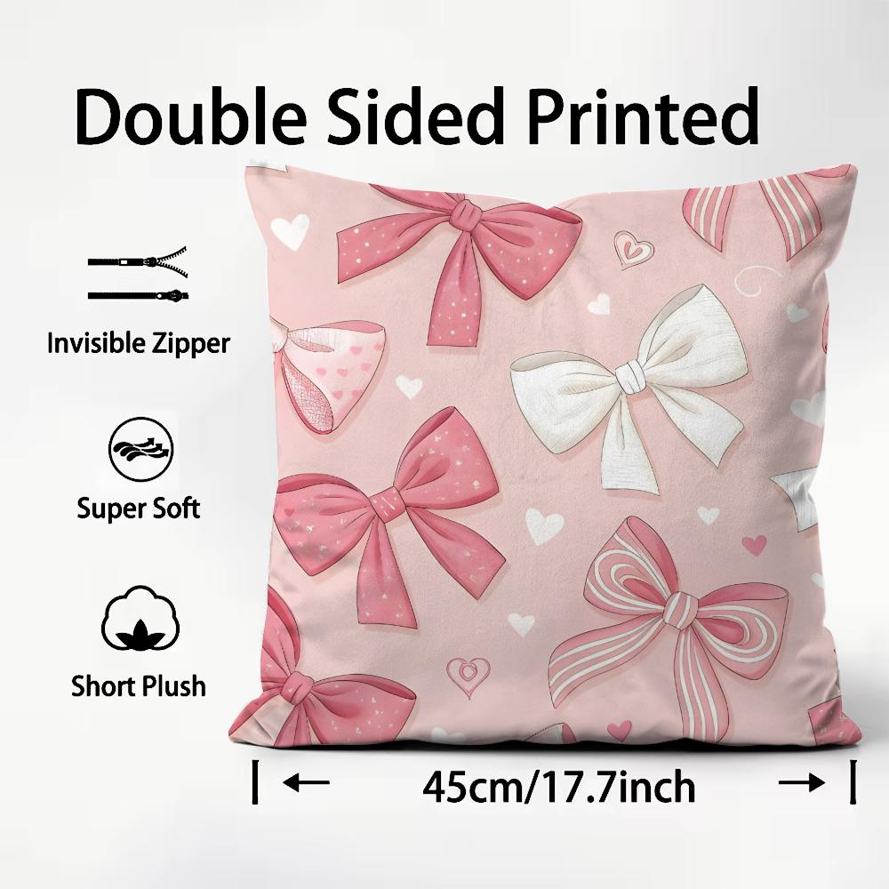 Pink Bow INS Cushion Cover Plush Fabric Soft DoubleSided Printed Sofa Warm Winter Home Child Gift Pillow Case
