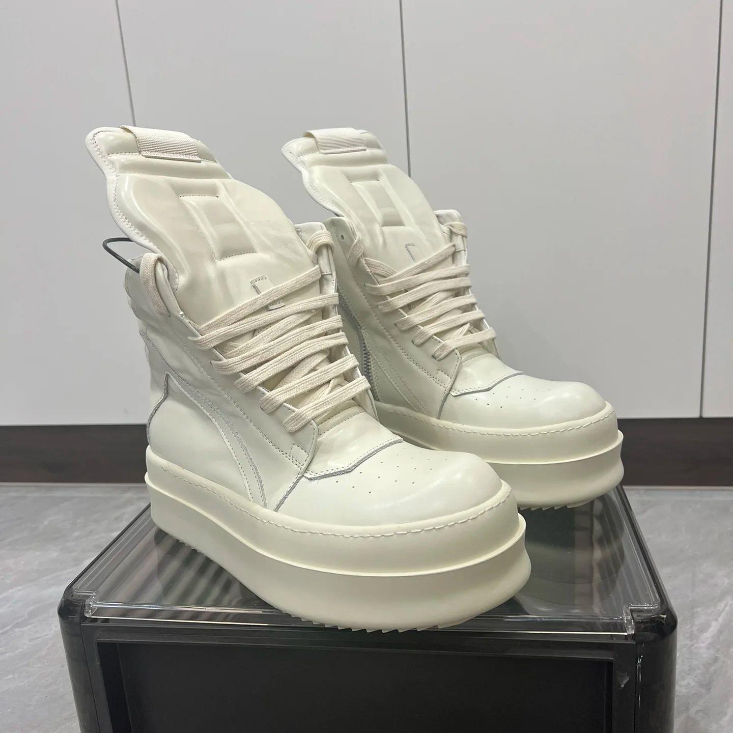 Бренд Повседневная Мужская Обувь Качество Кожа цвета слоновой кости Классические Повседневные Высокие Женские Кроссовки Мода Толстая Подошва Мужские Женские Ботильоны 35