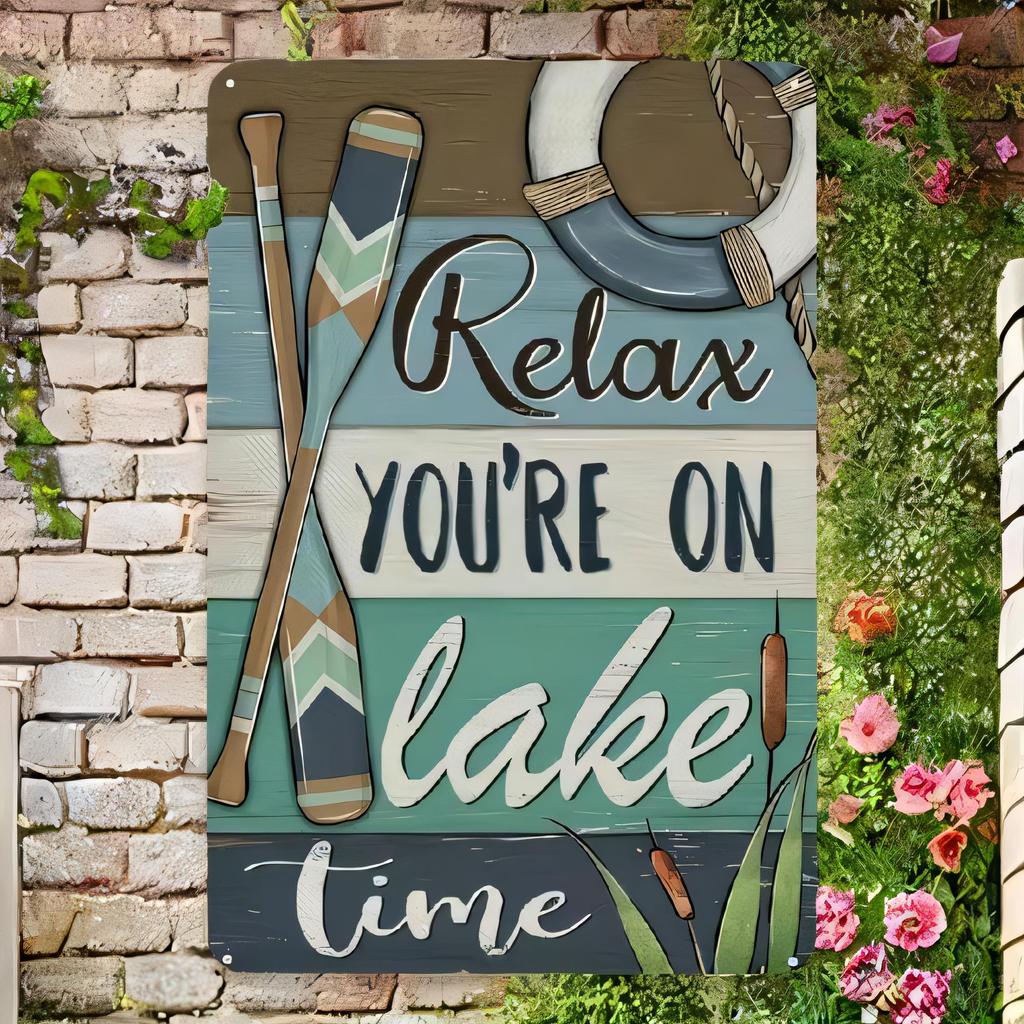 Tin Sign Relax Youre On Lake Time Vintage Beach Boat Plaque Metal Art Wall Decor for Bar Pub Cottage Cabin Garden Patio Gift