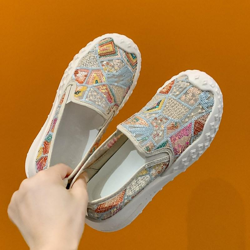 CRLAYDK Women's Sequin Loafers Printed Driving Moccasins Casual Slip On Comfortable Ladies Lightweight Walking Flat Shoes