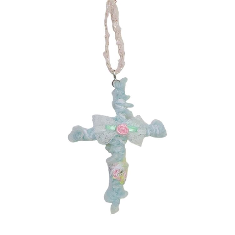 

Adjustable Lace Crosses Necklace With Fabric Roses Handmade Vintage Designs for Women s Stylish Layer Accessories синій