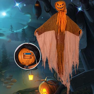 Halloween Hanging Pumpkin Ghost with Lighted Head Sound Rotating Motion Spooky Skeleton Props Outdoor Tree Porch Garden Party Decoration
