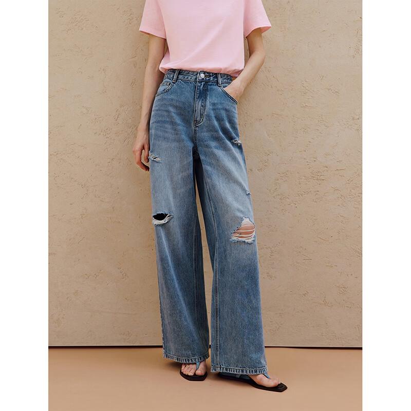 INMAN Women's Lyocell Retro Ripped Wide-Leg Jeans