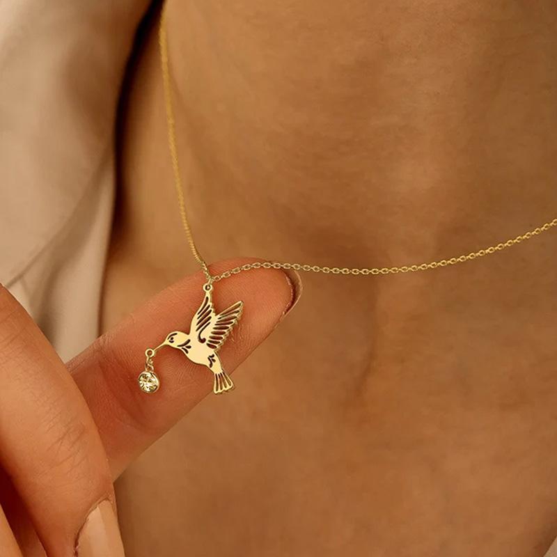 Fashion Crystal Birthstone Hummingbird Pendant Necklace Gold Plated Stainless Steel Bird Jewelry Gifts For Mother