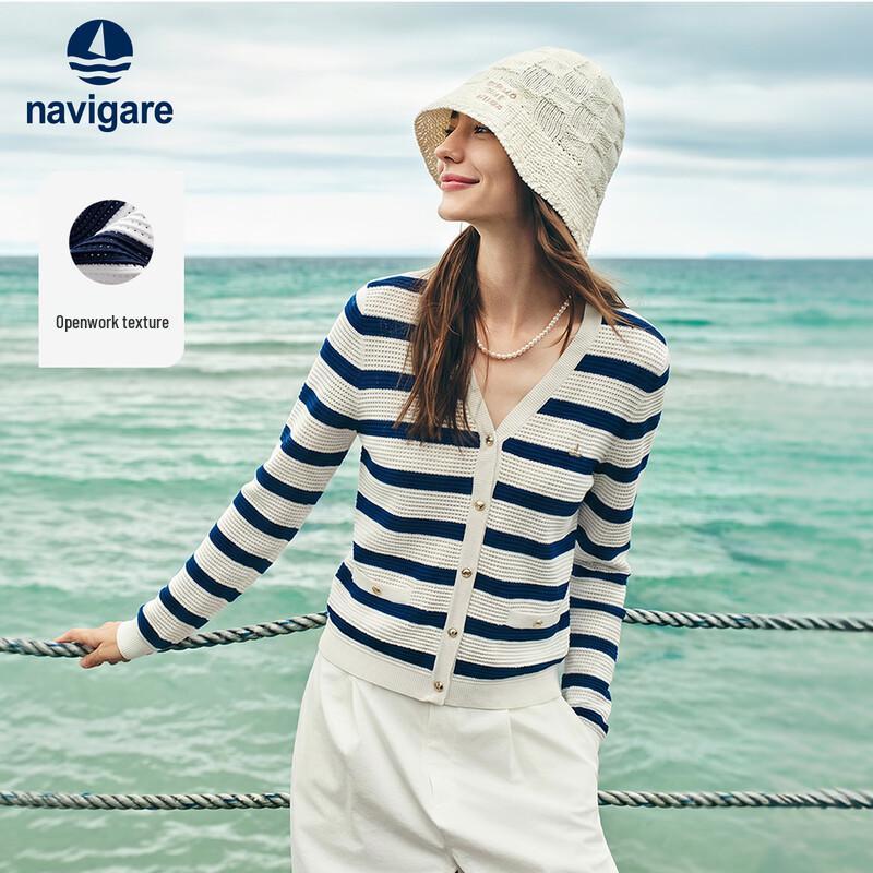 Navigare Women s Striped V-Neck Knit Cardigan L