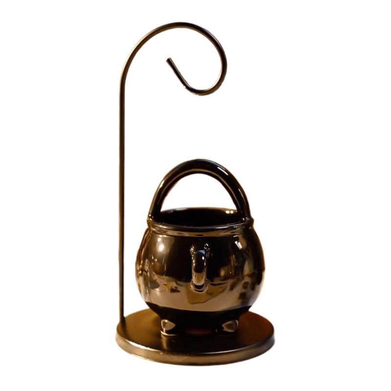 

Creative iron frame hook ceramic aromatherapy burner Halloween witch soup cup shape porcelain burner with iron frame чорний