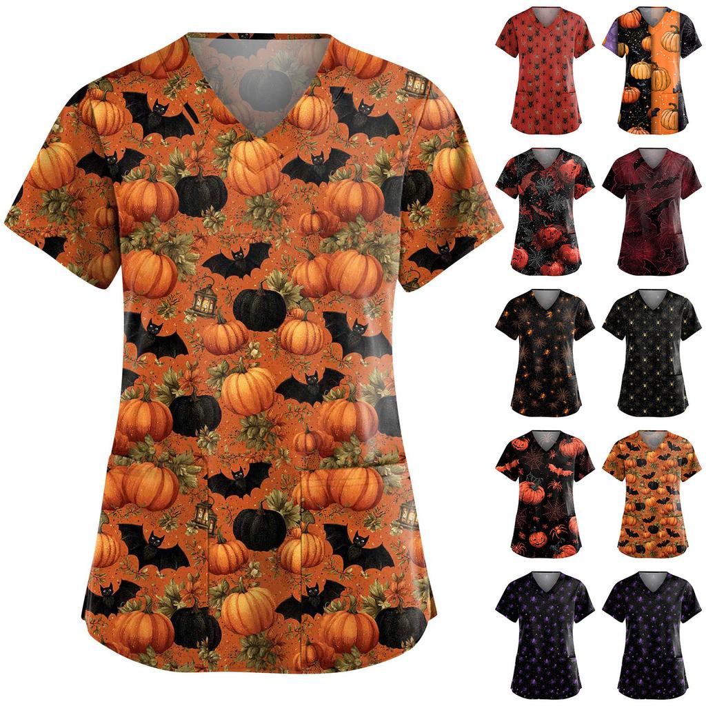 Dámská móda Overaly s krátkým rukávem a výstřihem do V s kapsami Halloweenské potištěné topy Oblečení