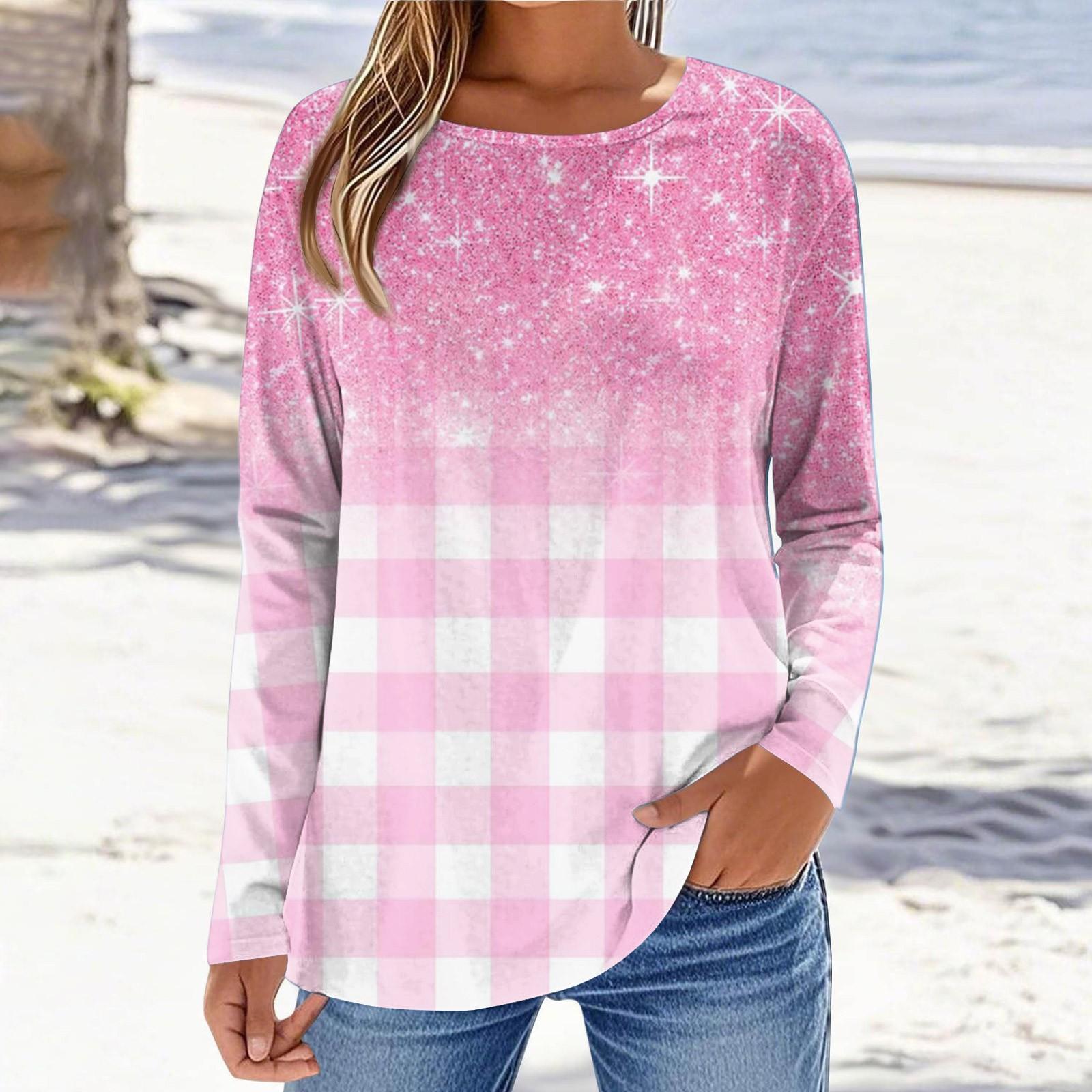 

Женская модная повседневная футболка с принтом, с длинным рукавом и круглым вырезом Футболка с круглым вырезом Топ L розовый