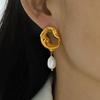 French 18k Gold Plated Hollow Lava Irregular Earrings Freshwater Pendant Premium Earrings