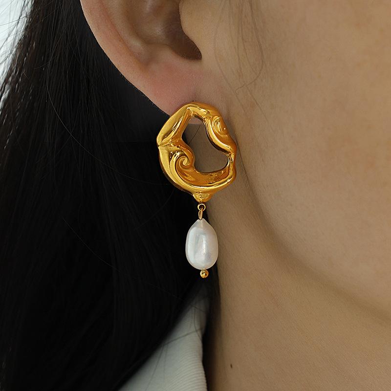 French 18k Gold Plated Hollow Lava Irregular Earrings Freshwater Pendant Premium Earrings