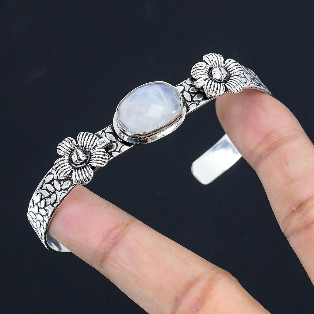 Rainbow Moonstone Gemstone Ethnic Flower Crown Chakra Bangle Jewelry 925 Silver