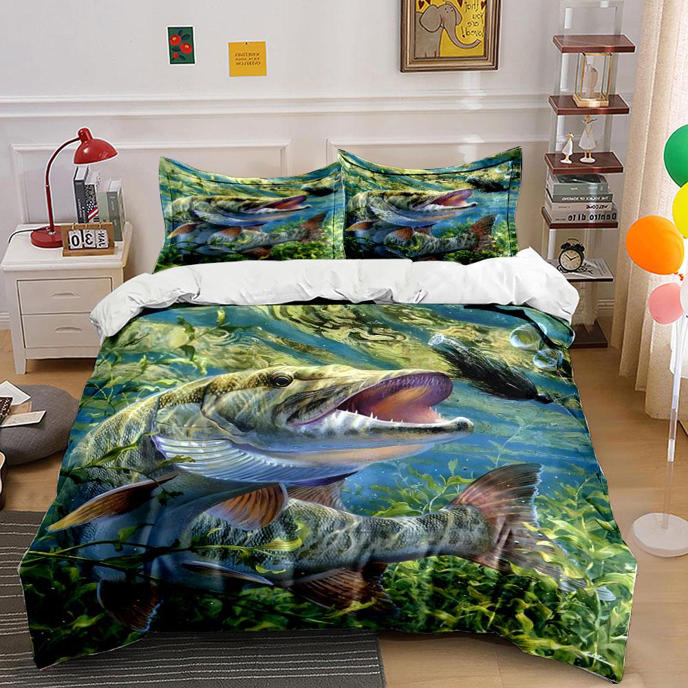 Underwater Fish Chasing Lure Bedding Set For Kids Luxury Gift 3Pcs Digital Print Comforter Set Soft Comfortable Breathable