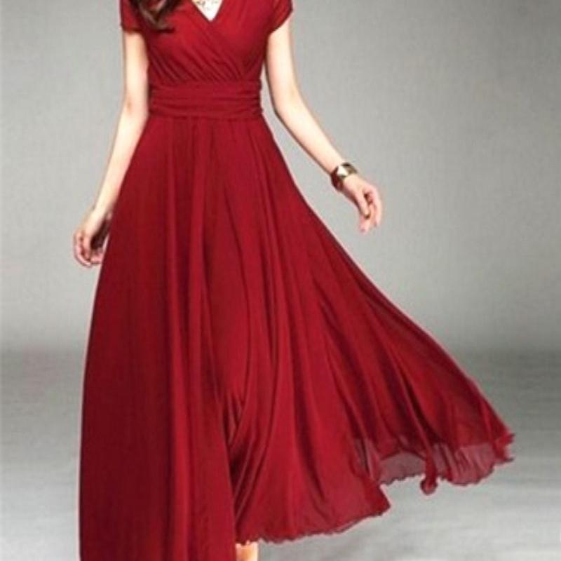 Women's Fashion V Neck Short Sleeve Evening Party Dress Solid Long Cocktail High Waist Summer Dresses
