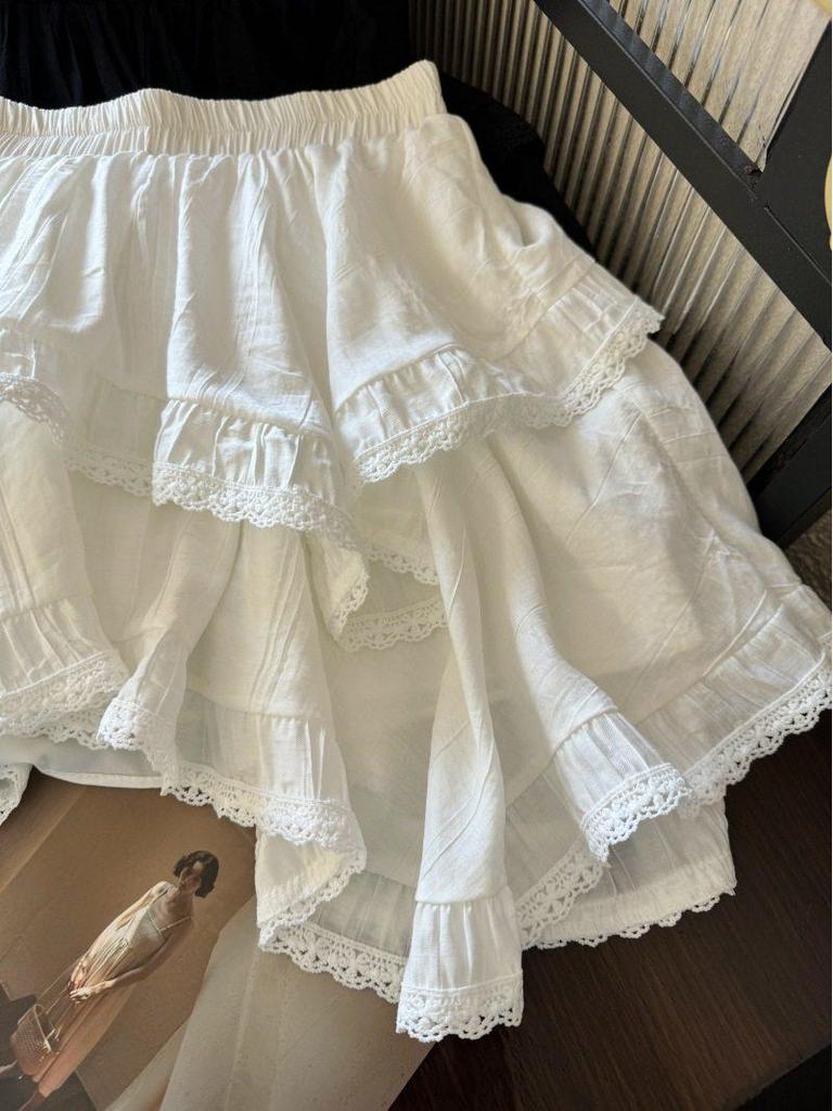 2026 New Irregular White Lace Trim Patchwork Cake Skirt: High Waist, Fluffy, Short Women's Skirt