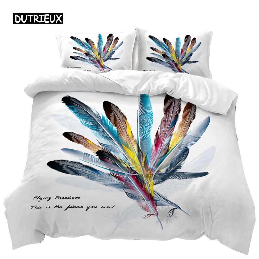 Feather Duvet Cover Vaned Types and Natal Contour Flight Bird Feathers Animal Skin Element Print King Size Polyester Qulit Cover