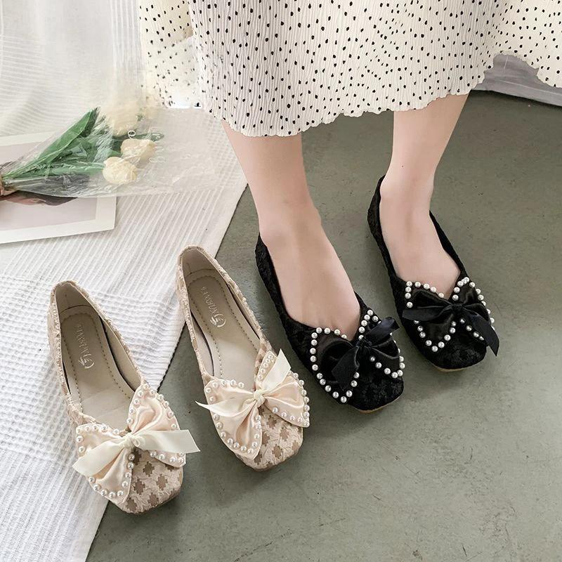 Fashion Ladies Footwear Low Heel Elegant with Bow Pearl Women's Flat Shoes Lastest Genuine Mark Chic Point High Quality Fashion Non Slip