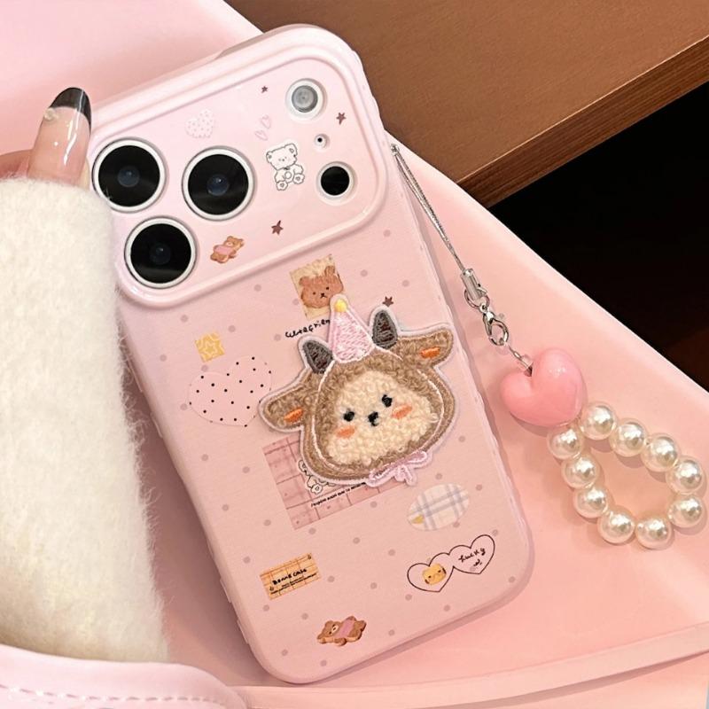 Phone Case With Chain For iPhone 17 16 15 14 13 12 Pro MAX 11 Cartoon Embroidery Plush Sheep Sticker Shockproof Soft Phone Cover