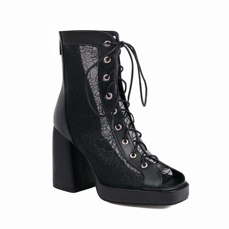 FOREADA Women Sandals Peep Toe Thick High Heels Zippers Lace-up Platform Jazz Dance Boots Ladies Fashion Shoes Summer Beige 46