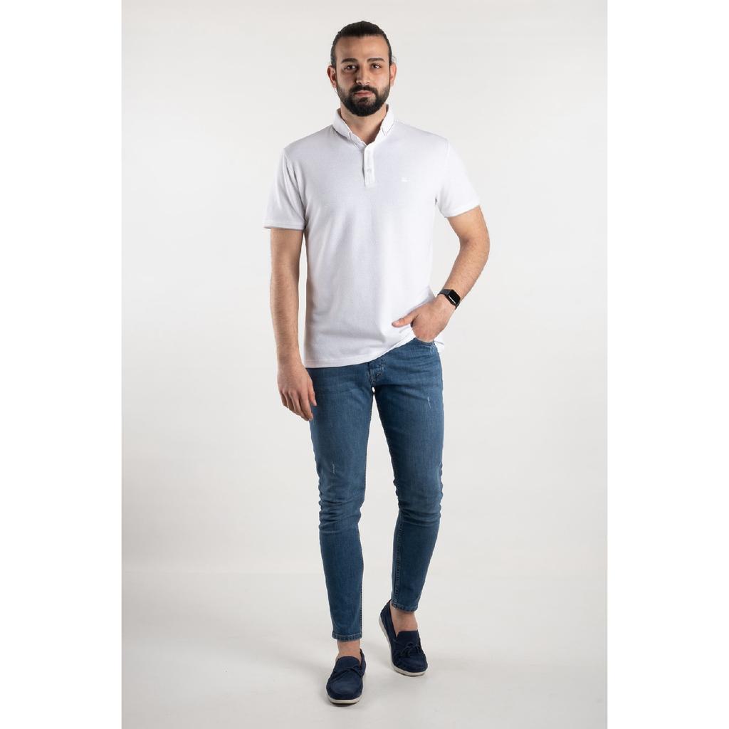 Herren-T-Shirt mit Polokragen und Indigo-Polka-Punktmuster