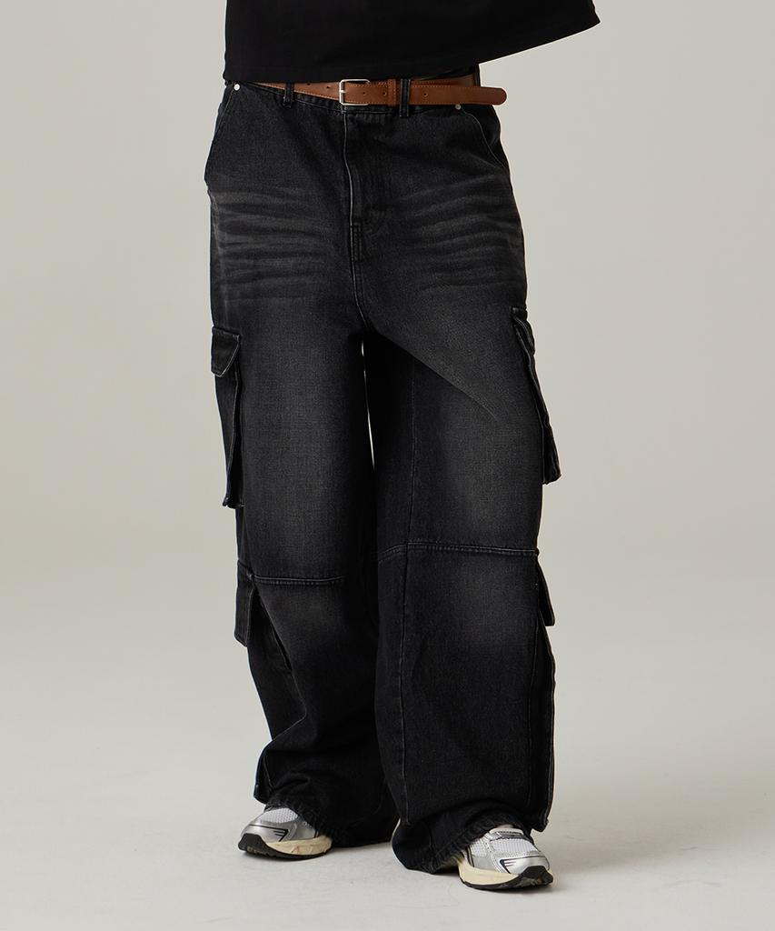 URBANAGE [2Pack] Double Cargo Washed Denim Wide Pants 3 Colors