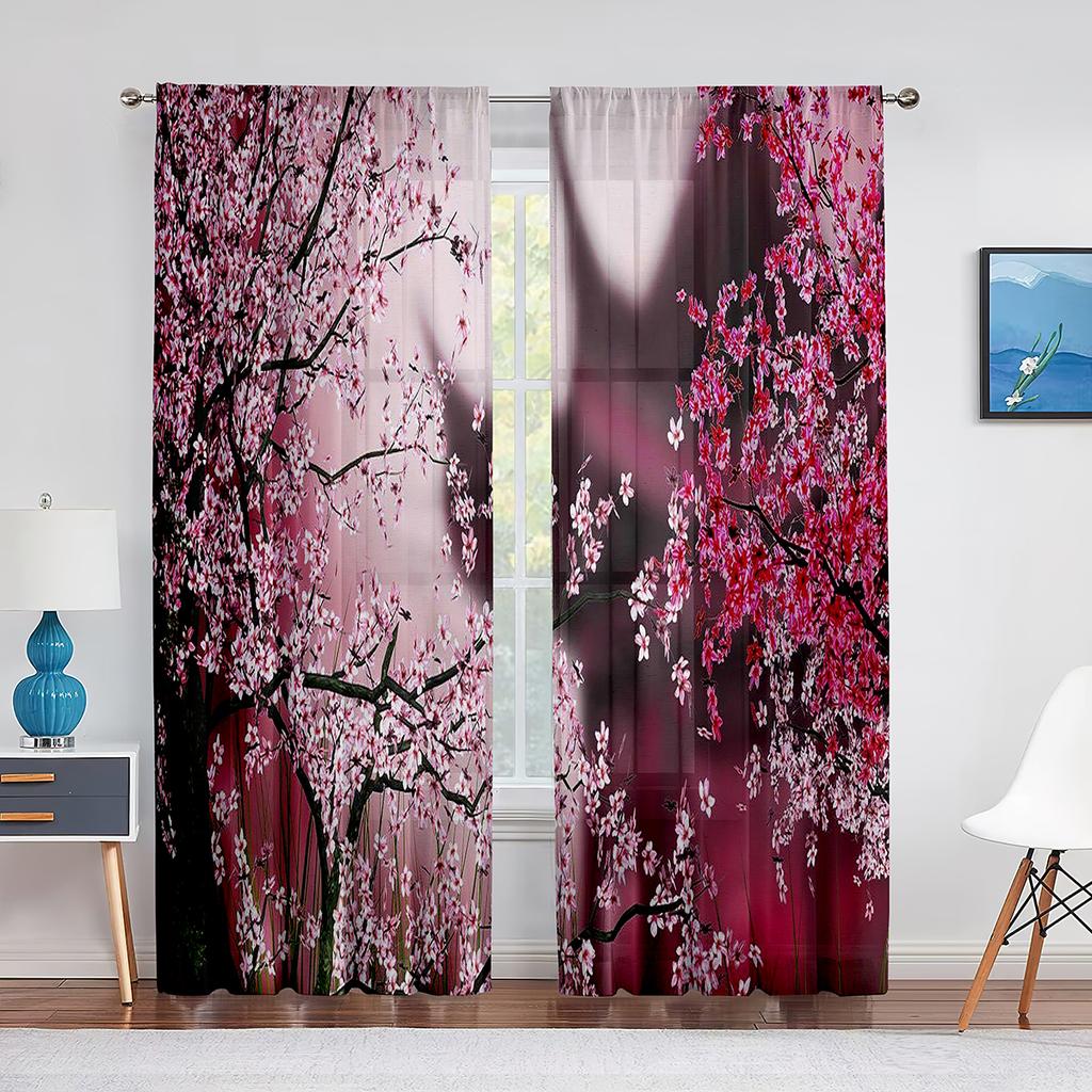 Cherry Blossom Sheer Voile Curtain Floral Sakura Blossom Pink Flower Window Tulle Curtains for Living Room Bedroom Kitchen Decor