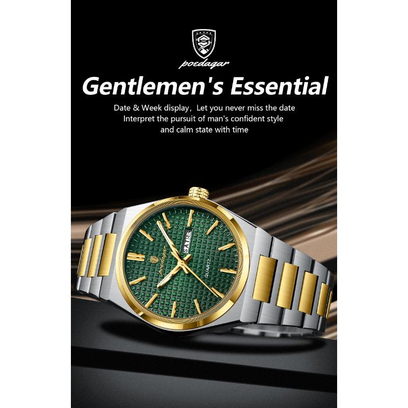POEDAGAR Luxe Herenhorloge Datum Week Waterdicht Lichtgevend Roestvrij Staal Horloge voor Man Casual Kwarts Horloges Mannelijk Sport+Doos