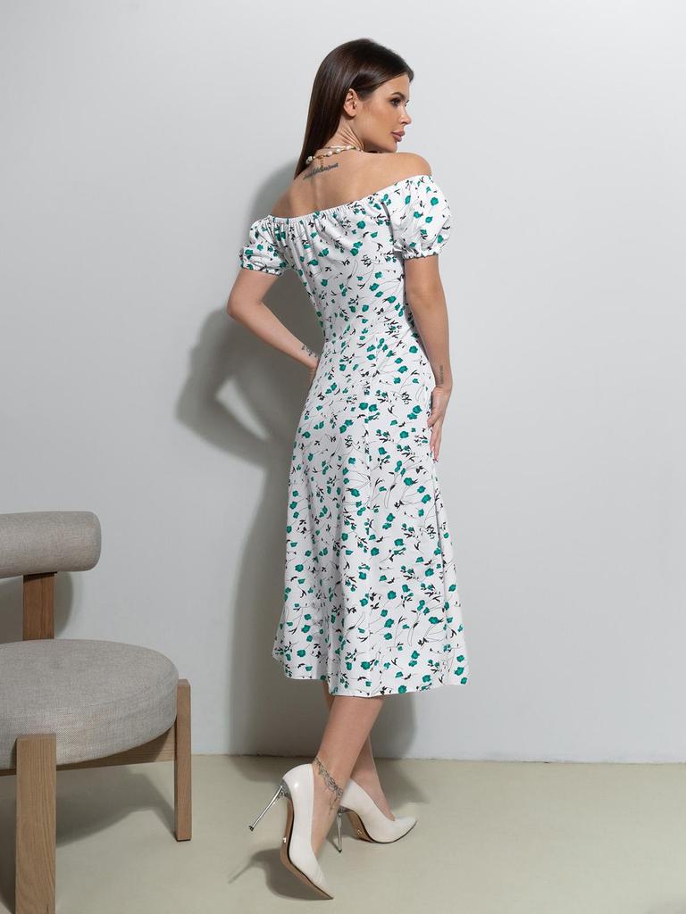 ISSA PLUS White and Green Retro Printed Off Shoulder Dress
