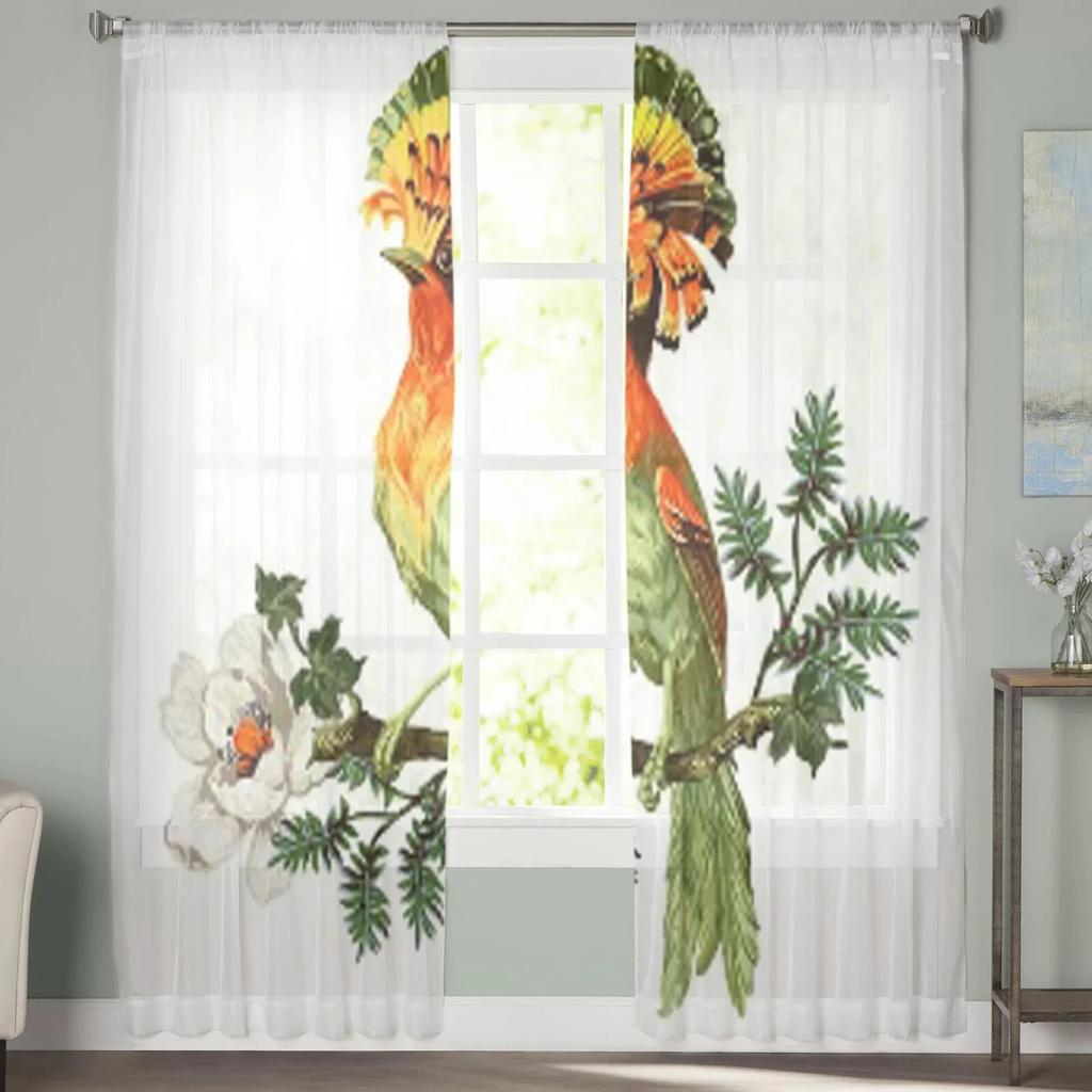 Bird And Exotic Flowers Sheer Curtains For Bedroom Living Room Tulle Curtains For Kitchen Window Voile Curtains