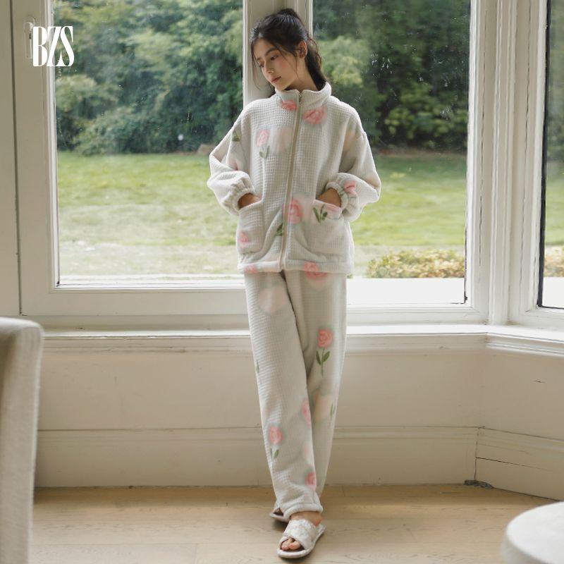 

Autumn and Winter Fleece-lined Thickened Composite Velvet Lapel Cardigan Loungewear Suit Two Colors Heattech Pocket Pajamas Home Wear for Women [Blue] Collation L [recommend 55.00 kg-67.50 kg]]