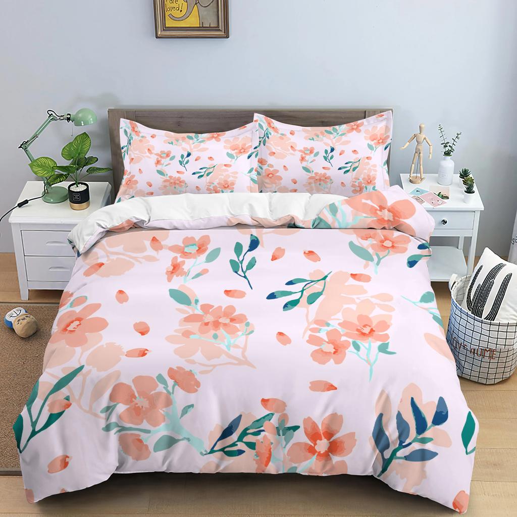 Flower Bedding Set Colorful Floral Duvet Cover Queen King Size Green Leaves Blossom Quilt Cover 2/3Pcs Polyester Comforter Cover