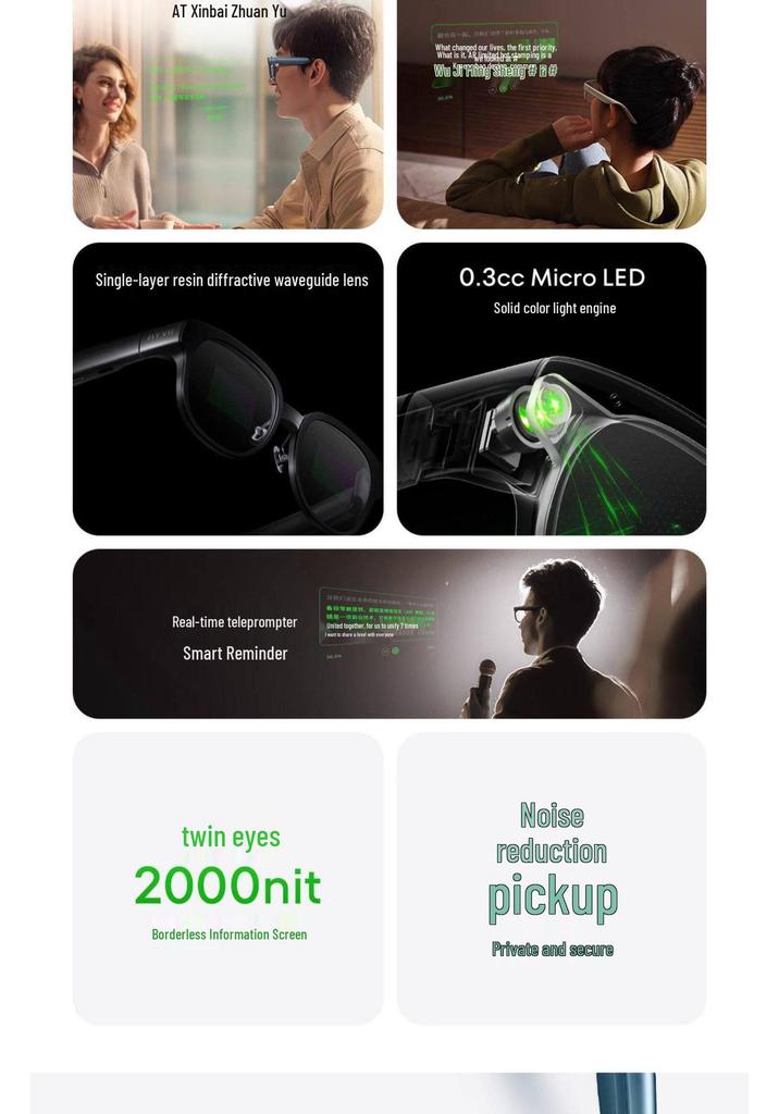 Smart AR Glasses with Full-Color Lightguide, Real-Time Translation, Navigation, Teleprompter, Meeting Minutes, and AI Integration.