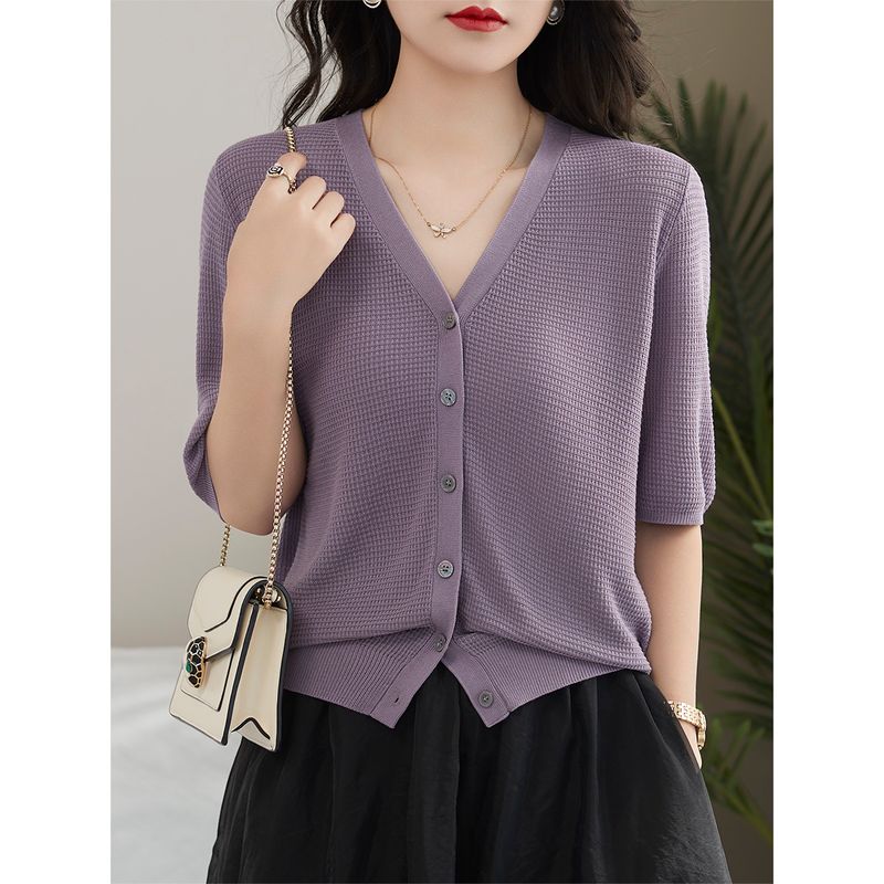 

Half Length V-neck Ice Silk Green Middle Sleeve Knitting Cardigan Purple M