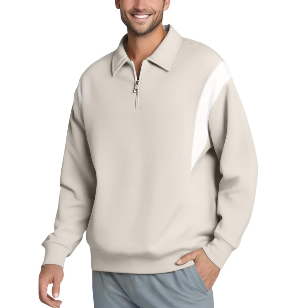 Men's Lapel Half Zipper Contrast Color Patchwork Casual Long Sleeve Pullover Sweatshirts Tops