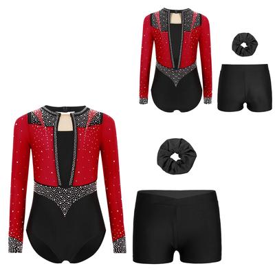Girls Dance Outfit Set Long Sleeve Leotard Keyhole Back Shiny Rhinestones V Front Elastic Waist Shorts Hair Band